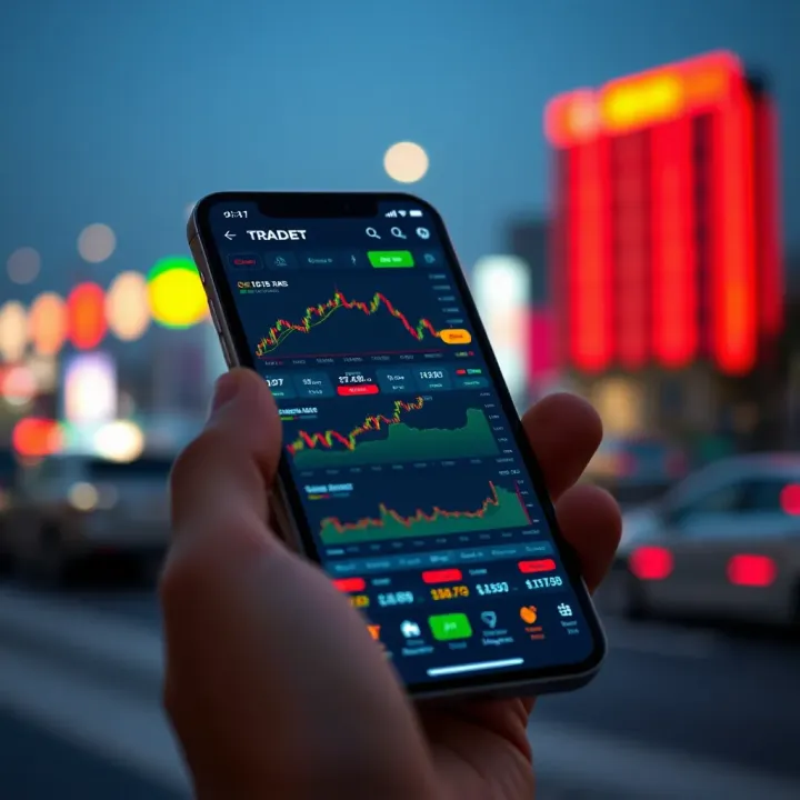 Mobile screen displaying various trading app interfaces with charts and market data