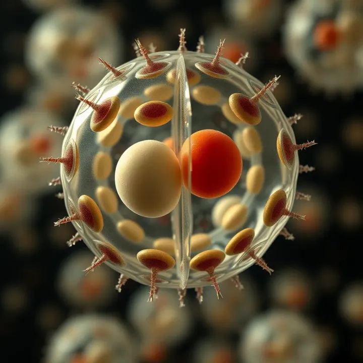 Amoeba undergoing division showing the nucleus splitting and cytoplasm starting to separate