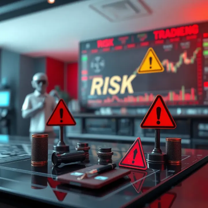 Illustration of risk management concepts with trading symbols and warning signs