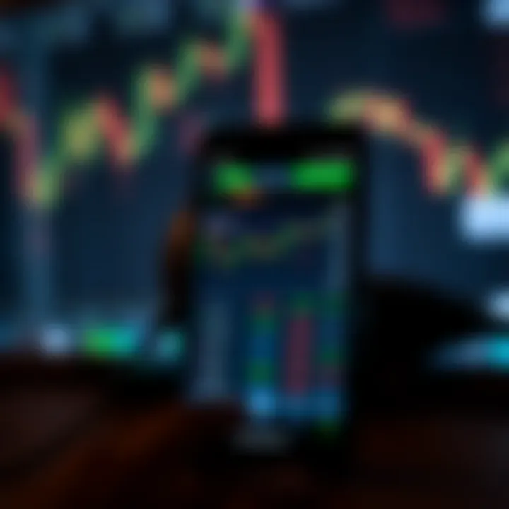 Mobile device displaying a forex trading app interface with currency charts and trading options