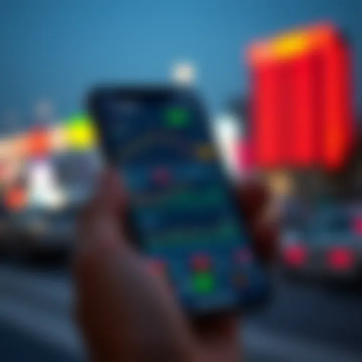 Mobile screen displaying various trading app interfaces with charts and market data