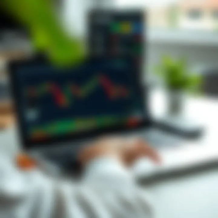 Illustration of a trader analyzing market data on a laptop with financial charts visible