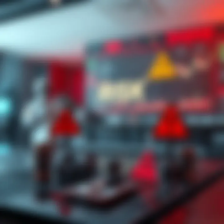 Illustration of risk management concepts with trading symbols and warning signs