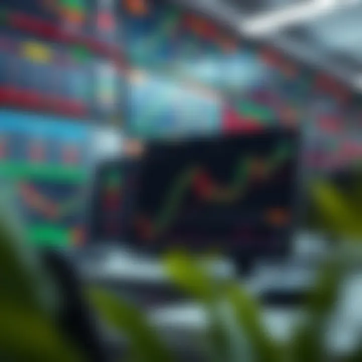 Illustration of forex trading platforms with charts and currency symbols on multiple screens