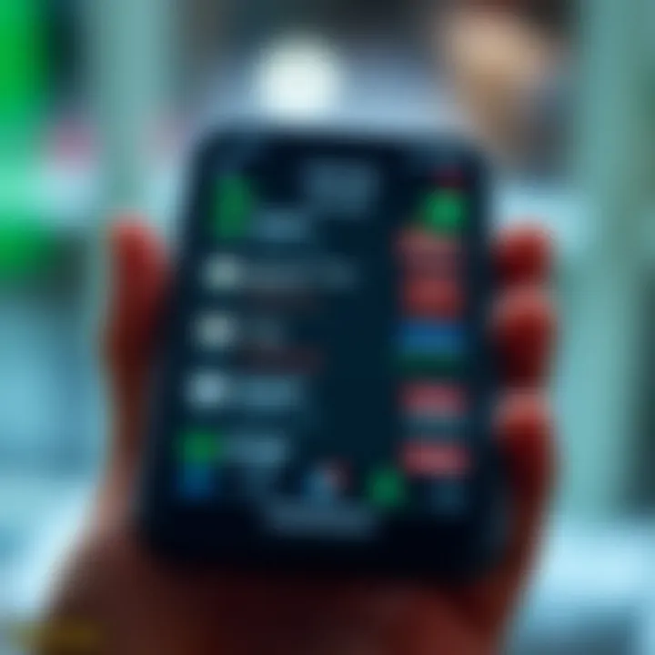 User interface displaying various forex trading app features on a smartphone screen