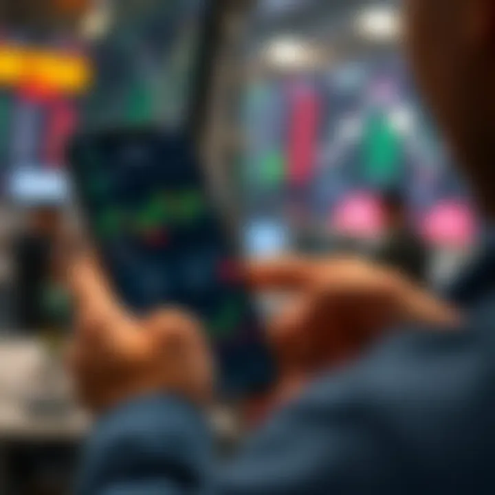 User navigating a mobile trading app interface showing stock charts and investment options