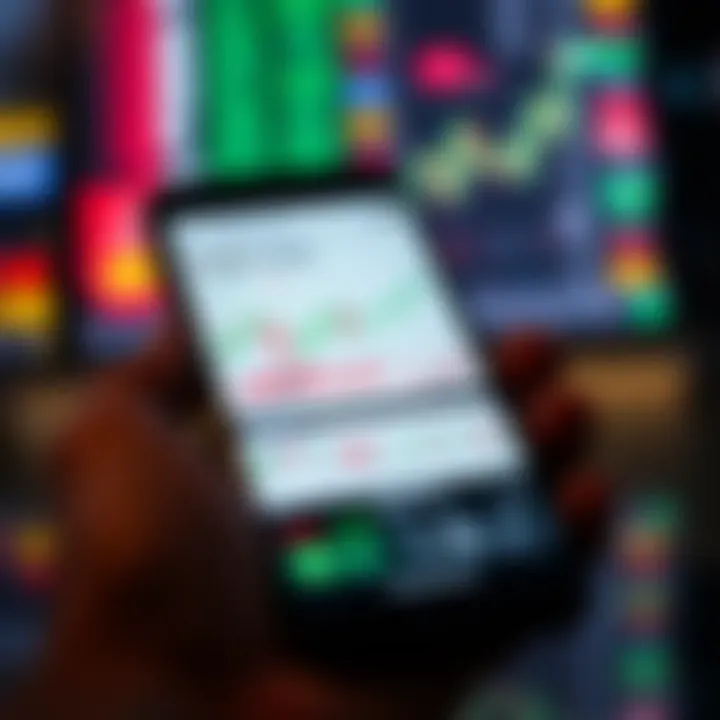 Mobile phone screen displaying a trading app interface with charts and market data