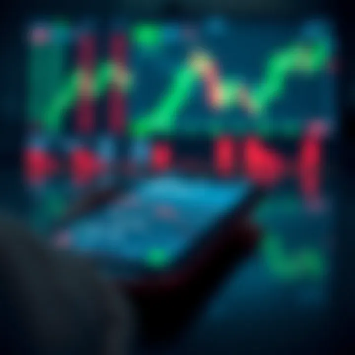 Forex Trading Platform Interface on Mobile Device Mobile phone displaying a forex trading platform interface with charts and currency pairs