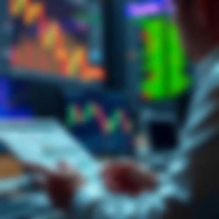 Illustration of a trader using PDF resources to quickly reference candlestick patterns during market analysis