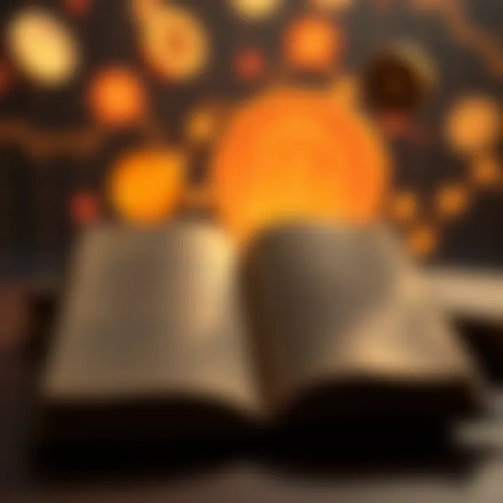 Open Urdu book about cryptocurrency trading with digital currency symbols in the background