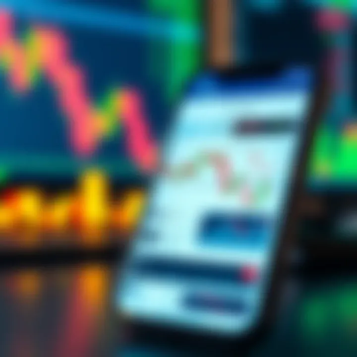 Mobile device displaying forex trading app interface with charts and currency pairs