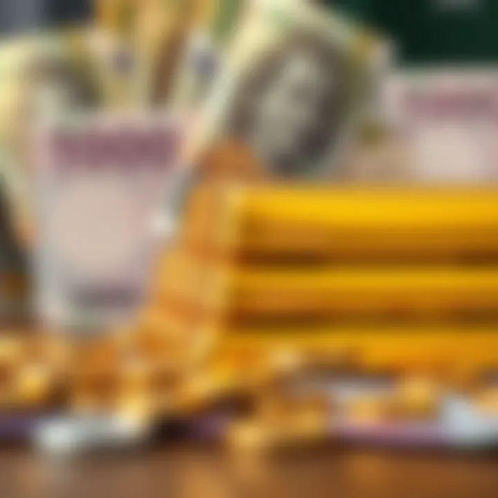 Close up of gold bars stacked with Pakistani currency notes in the background