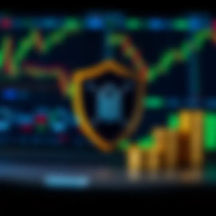 Conceptual graphic of secure online trading with currency symbols and shield