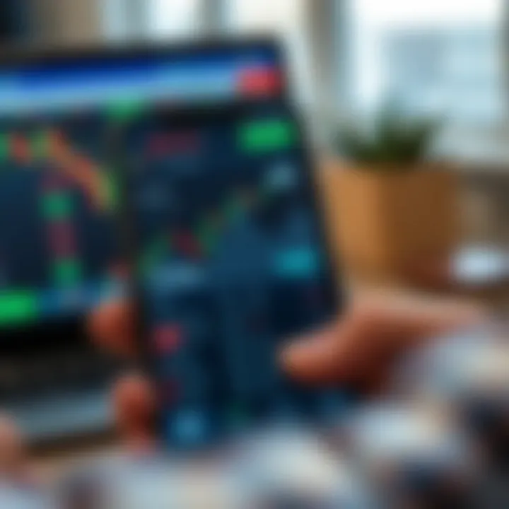 User interface of a mobile trading application displaying stock market charts and investment options