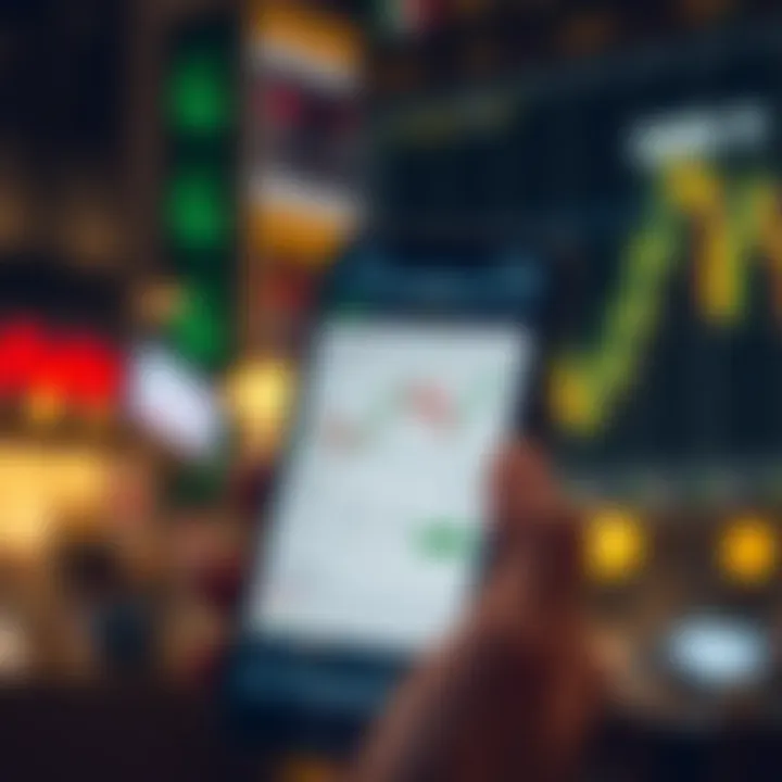 Mobile phone displaying stock market charts and trading interface with Pakistani currency symbols
