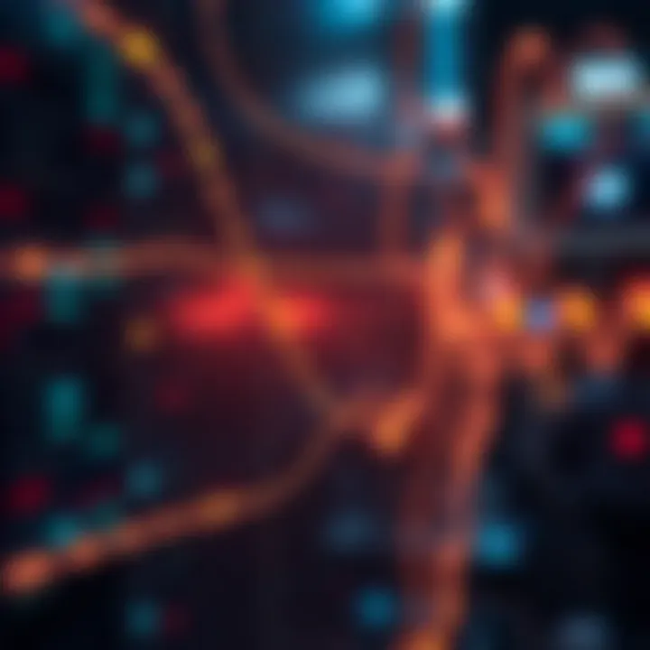 Visualization of bits transforming into digital data streams across a tech network