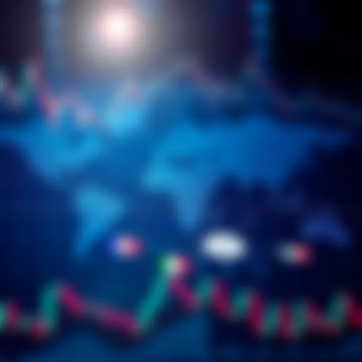 Diagram showing the interaction between global currency markets with flags representing different countries