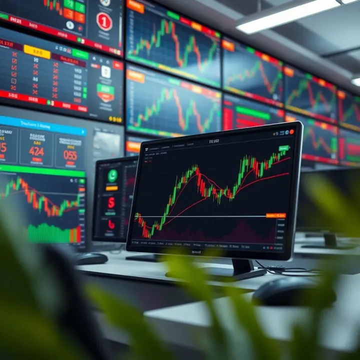 Illustration of forex trading platforms with charts and currency symbols on multiple screens