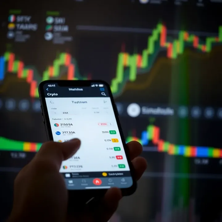A mobile device showing a crypto trading app interface with charts and currency options