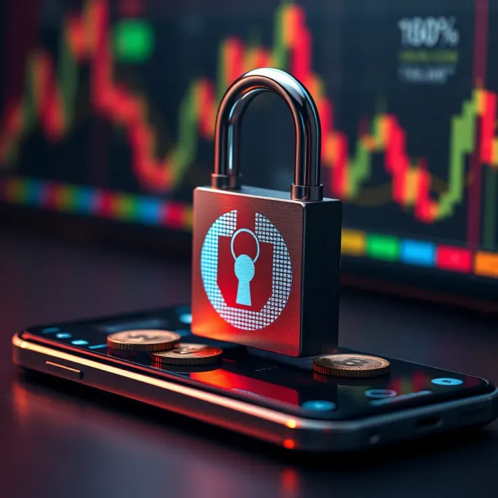 Secure online forex trading with digital padlock and currency symbols over a smartphone