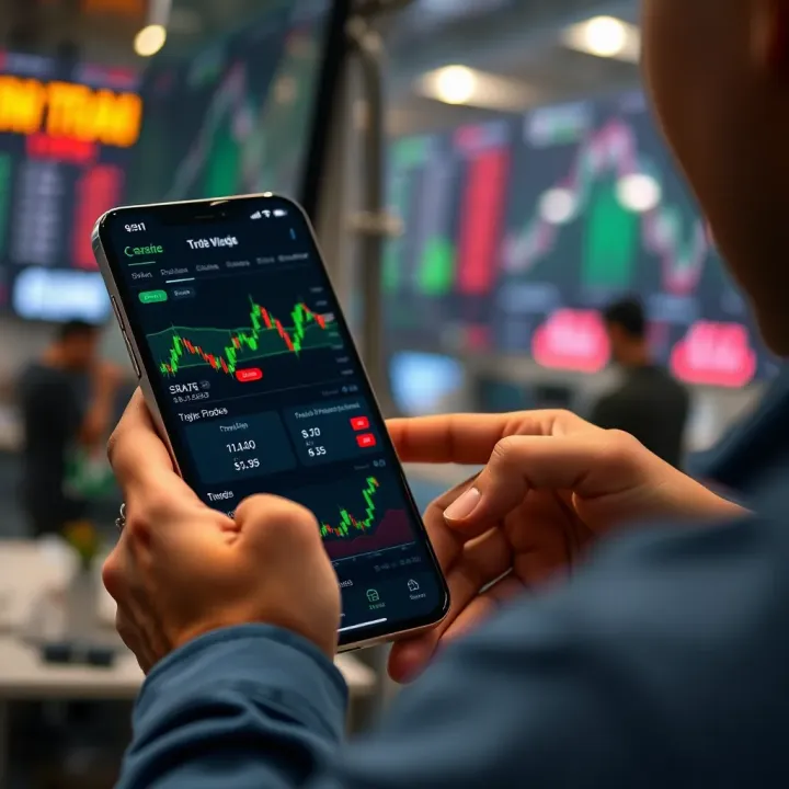 User navigating a mobile trading app interface showing stock charts and investment options