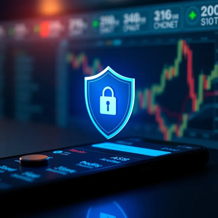Security shield icon overlaying a smartphone screen symbolizing safe online trading practices