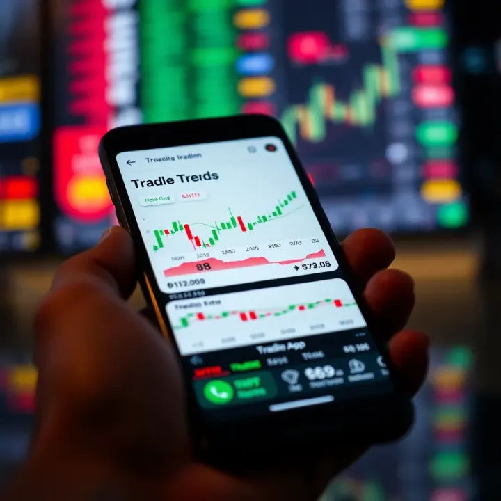 Mobile phone screen displaying a trading app interface with charts and market data
