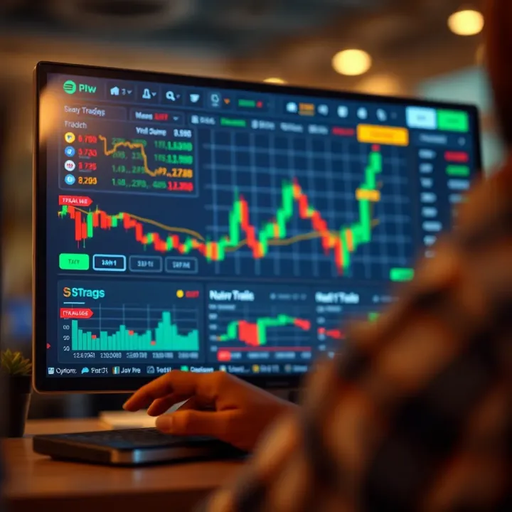 User interface of a trading application showing various stock charts and trading options