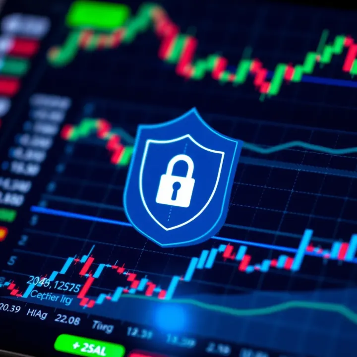 Secure Trading and Data Protection in Investment Applications Security shield icon overlaying a financial chart symbolizing secure trading and data protection in investment apps