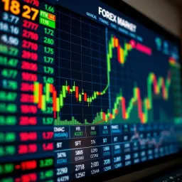 Forex Market Trends and Currency Pairs Overview Forex trading chart showing currency pairs and market trends on a digital screen
