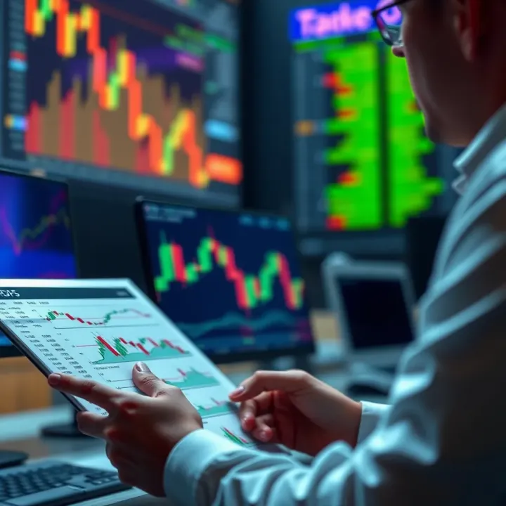 Illustration of a trader using PDF resources to quickly reference candlestick patterns during market analysis