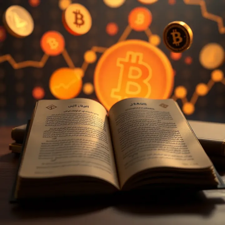 Open Urdu book about cryptocurrency trading with digital currency symbols in the background