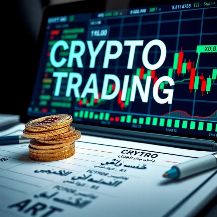 Conceptual illustration of crypto trading strategies with charts and coins alongside Urdu text