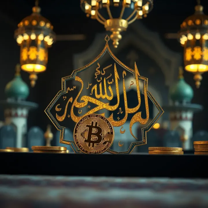 Islamic calligraphy with digital cryptocurrency symbols representing finance and faith