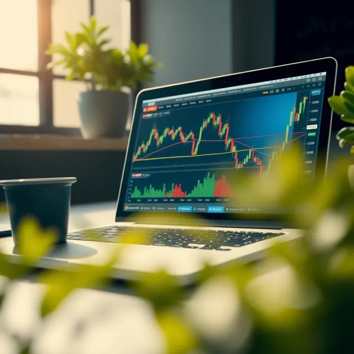 Illustration of a laptop showing a crypto trading platform interface with charts and indicators