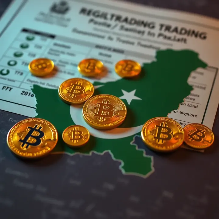 Cryptocurrency symbols overlaid on Pakistan's map with a regulatory document in the background