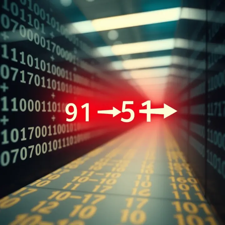Visual representation of decimal numbers converting into binary code with arrows indicating the transformation