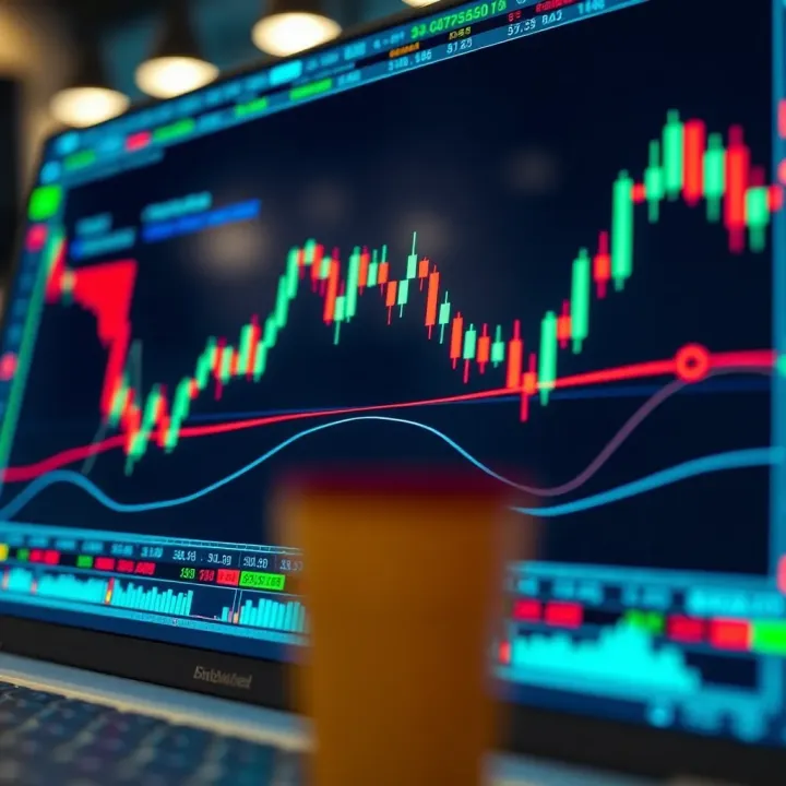 Chart displaying breakout points with candlestick patterns and risk management indicators