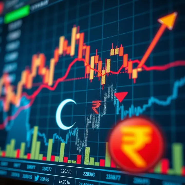Graph showing upward and downward forex trends with Pakistani rupee symbol
