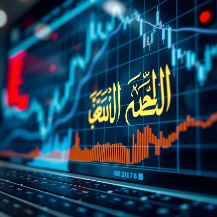 Graph representing financial trading concepts with Islamic calligraphy overlay