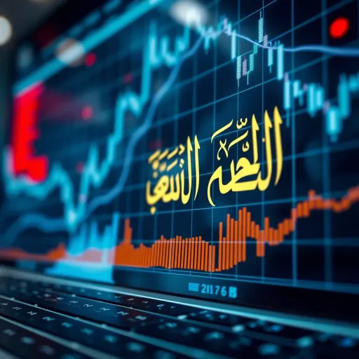 Binary Trading and Islamic Financial Ethics Graph representing financial trading concepts with Islamic calligraphy overlay