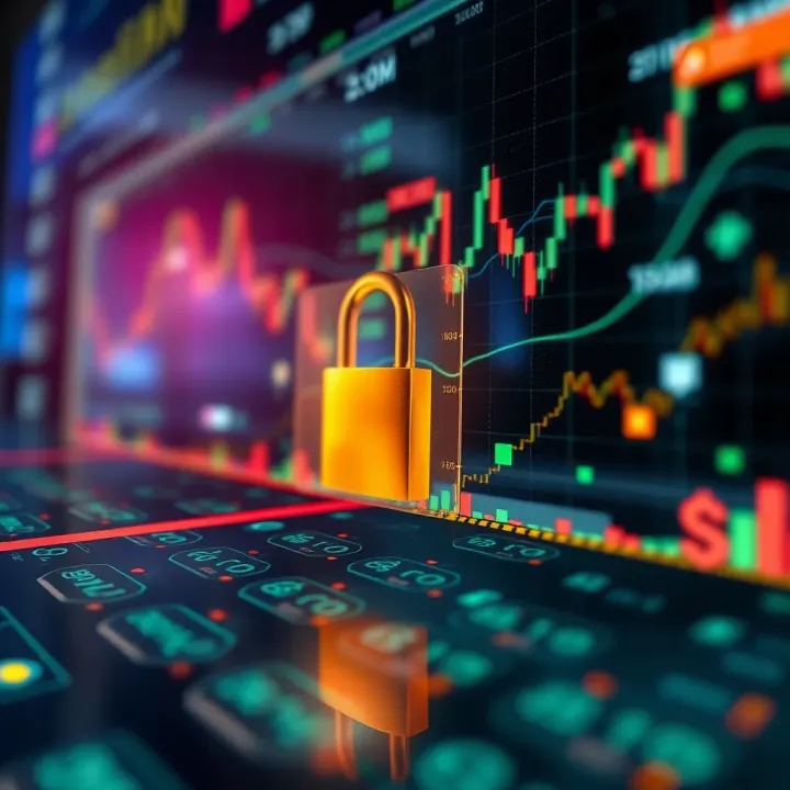 Secure financial transaction concept with digital locks and currency symbols representing safe trading
