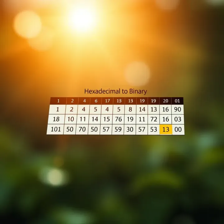Visual Guide for Hexadecimal to Binary Transformation Graphic illustrating the conversion of a hexadecimal number to binary with corresponding binary digits highlighted