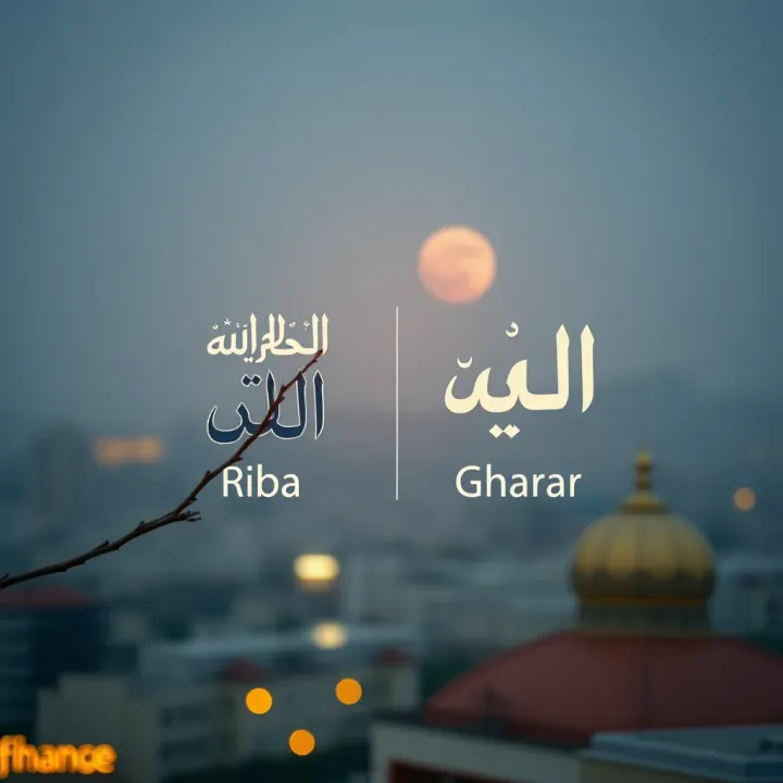 Conceptual Illustration of Riba and Gharar in Islamic Finance Illustration showing concepts of riba and gharar with Islamic finance symbols