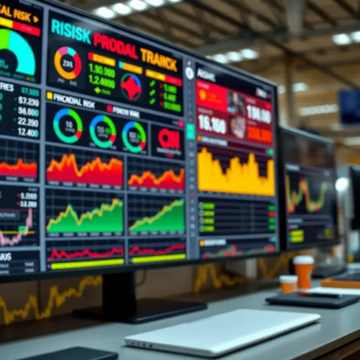 Digital dashboard showing real-time operational risk metrics and compliance status in a financial institution