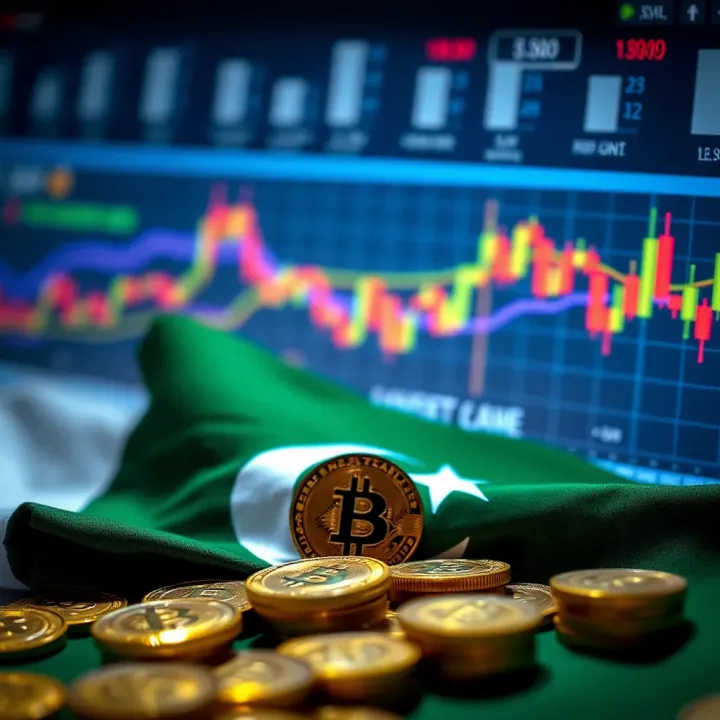 Pakistani flag with digital coins and a financial chart showcasing investment perspectives