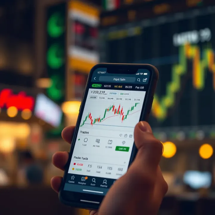 Mobile phone displaying stock market charts and trading interface with Pakistani currency symbols