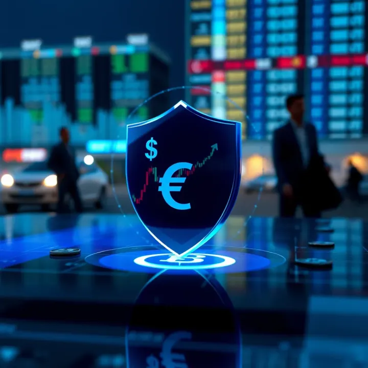 Conceptual graphic showing secure financial transactions with shield symbol and currency icons