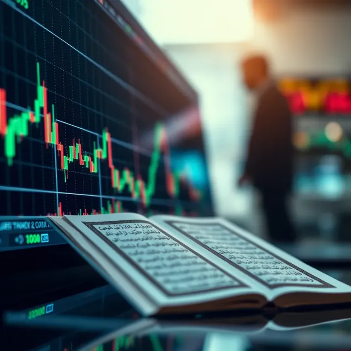 Conceptual graphic showing forex charts alongside Quranic text highlighting compliance with Shariah law