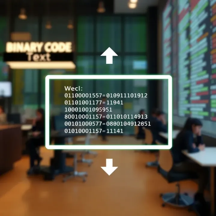 Diagram showing the conversion of binary code into readable text through a translator